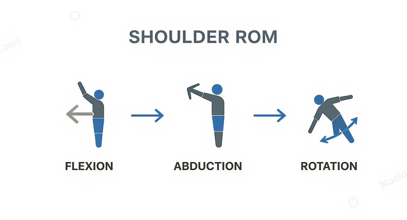 Shoulder range of motion diagram showing flexion, abduction, and rotation movements with directional arrows