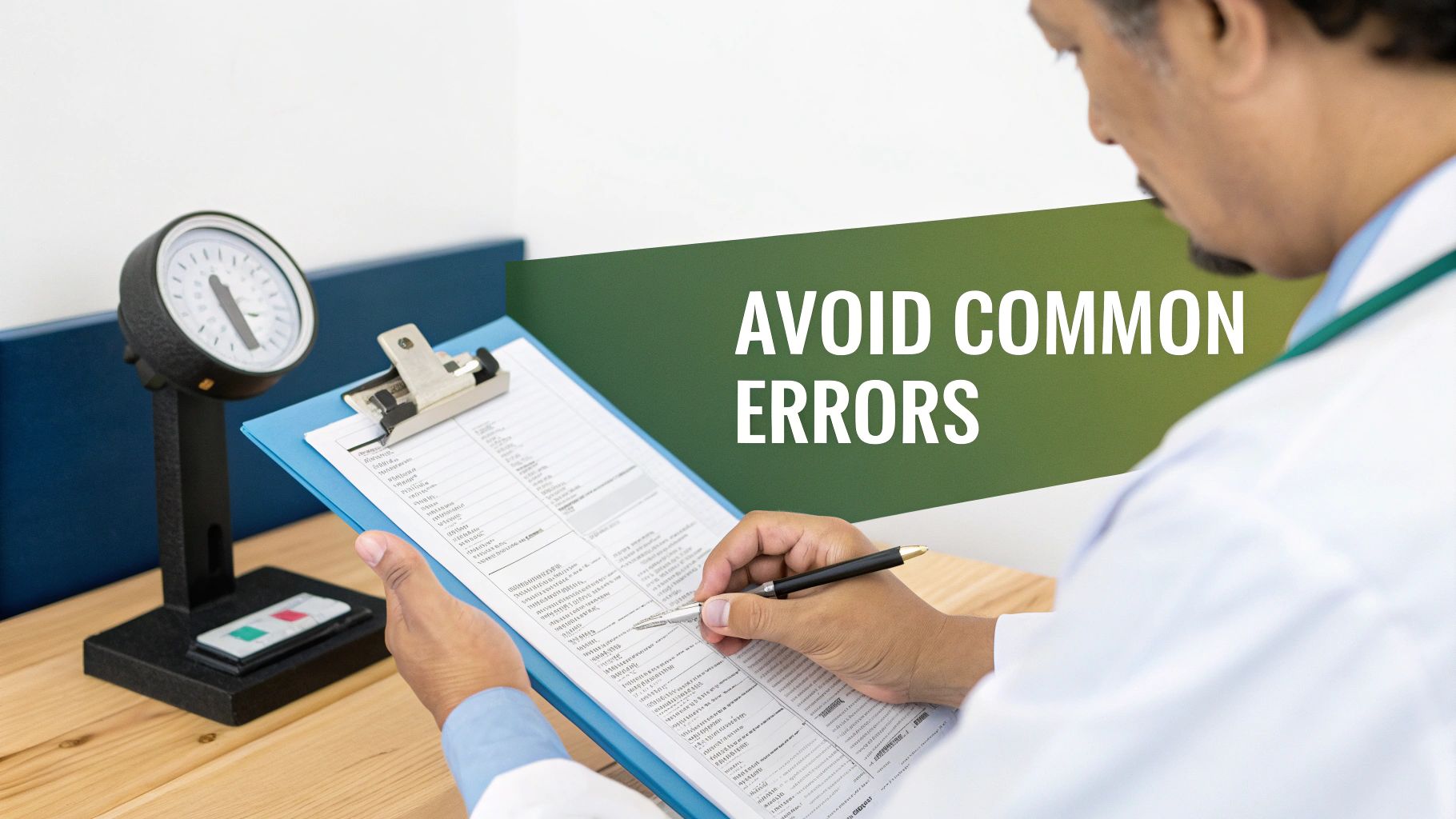 Doctor writing on a medical form with a pen, a blood pressure monitor nearby, and text 'AVOID COMMON ERRORS'.