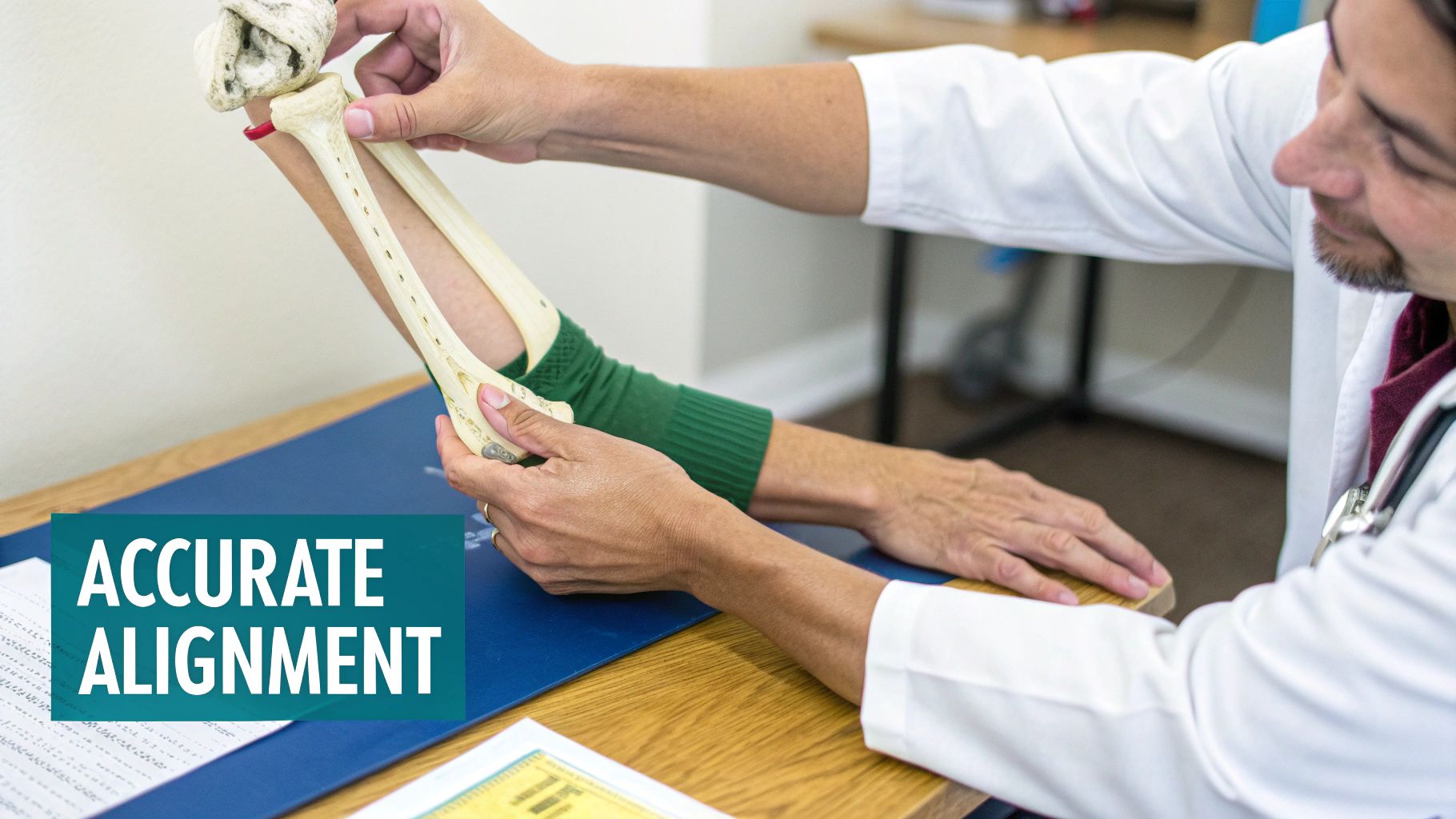 Doctor in white coat shows arm bone model to patient, demonstrating accurate alignment.