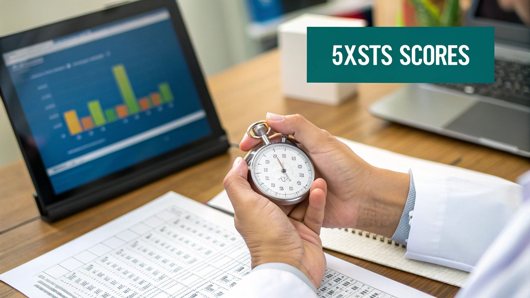 A healthcare professional uses a stopwatch to record 5XSTS scores with data on a tablet.