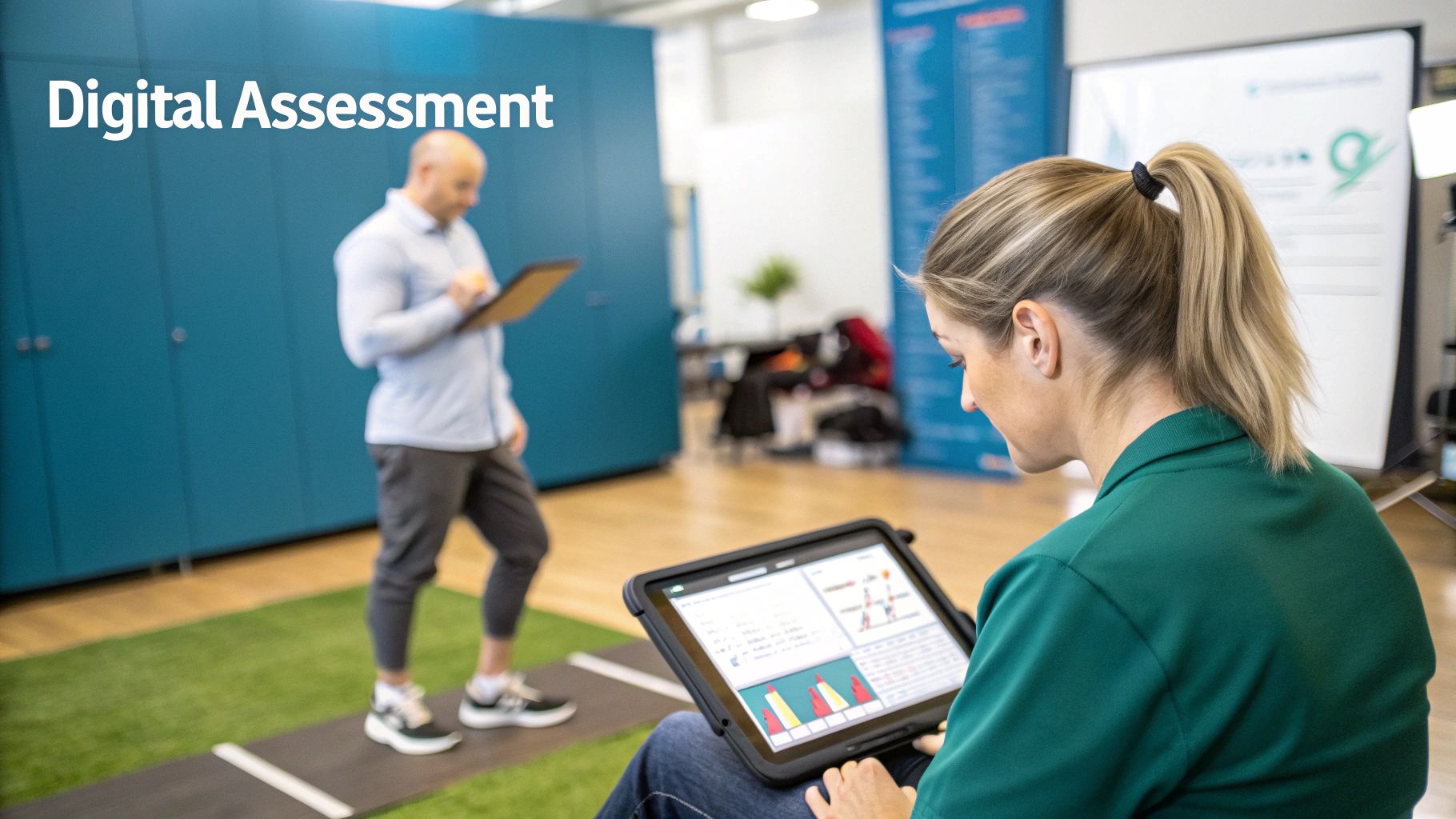 A woman views data on a tablet while a man stands on a mat, conducting a digital assessment.