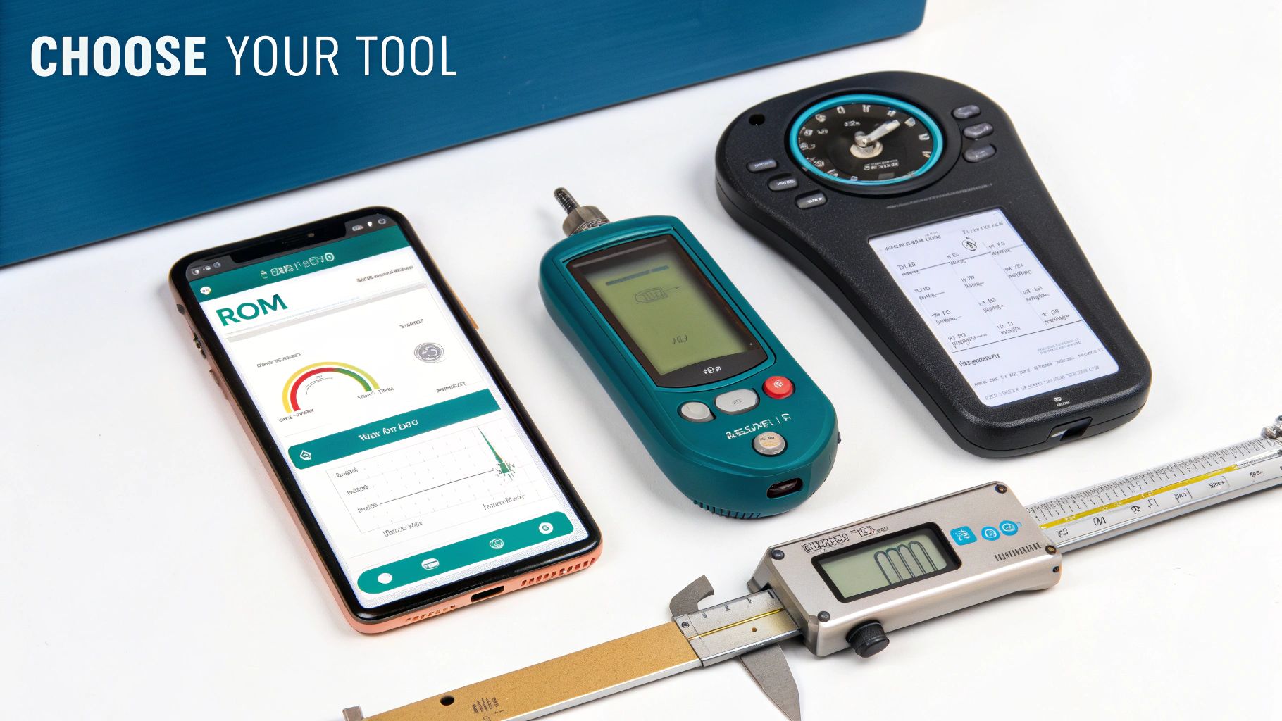 A physical therapist considering different range of motion measurement tools in a clinical setting.