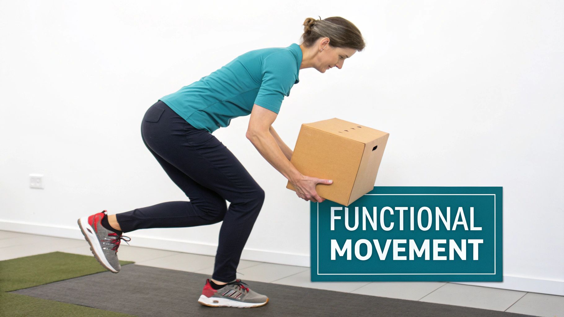 Woman demonstrates a functional exercise, bending and lifting a box safely on one leg.