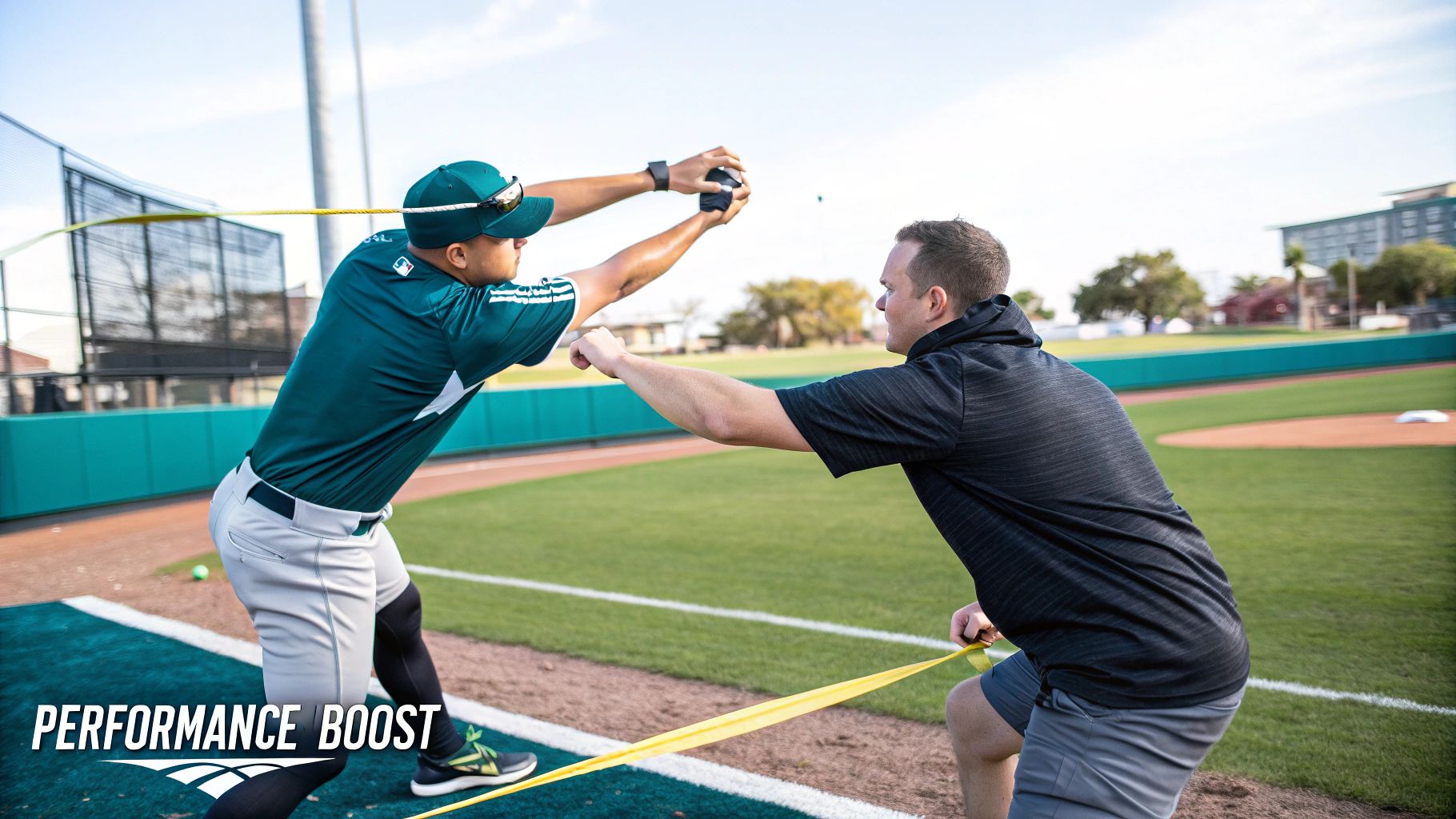 An athlete's leg is being measured with a goniometer by a sports therapist.
