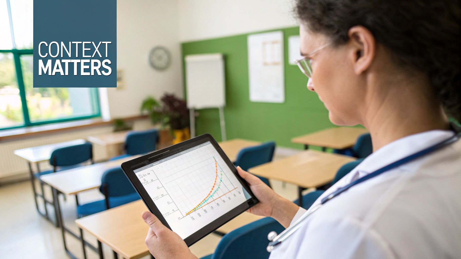 A close-up shot of a practitioner analyzing a bell curve on a tablet, representing data interpretation.