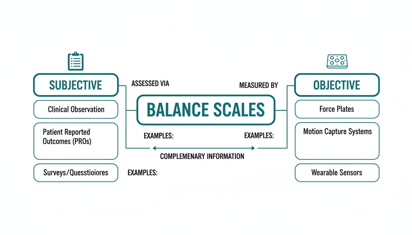 A diagram illustrating balance scales, distinguishing between subjective assessments like clinical observations and objective measurements using force plates.