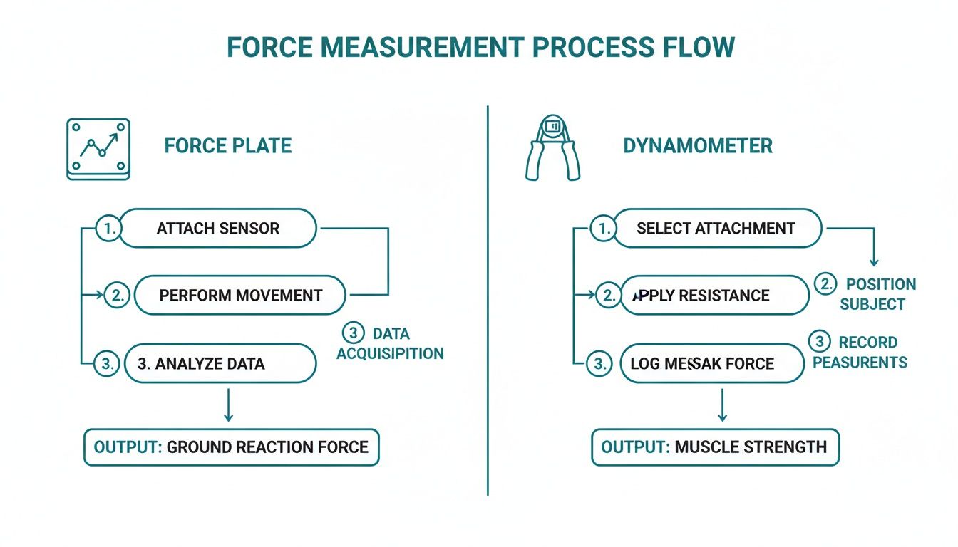 Flowchart illustrating force measurement processes with force plate and dynamometer, yielding ground reaction force and muscle strength.
