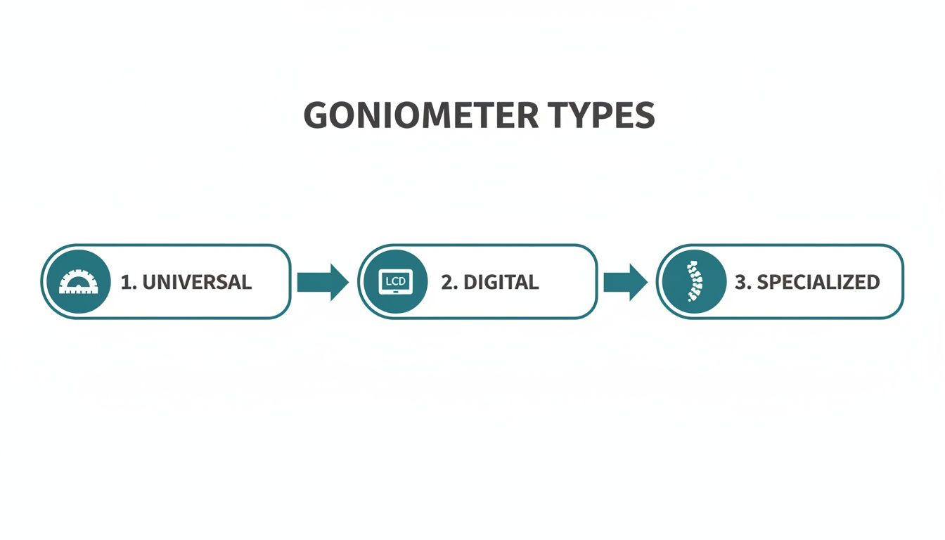 Diagram showing three types of goniometers: Universal, Digital with LCD, and Specialized with a spine icon.