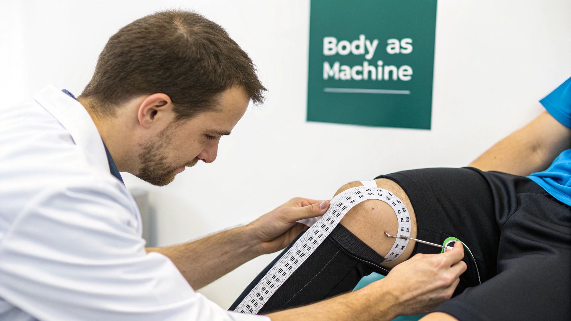 A physiotherapist and an athlete analyzing movement data on a tablet.