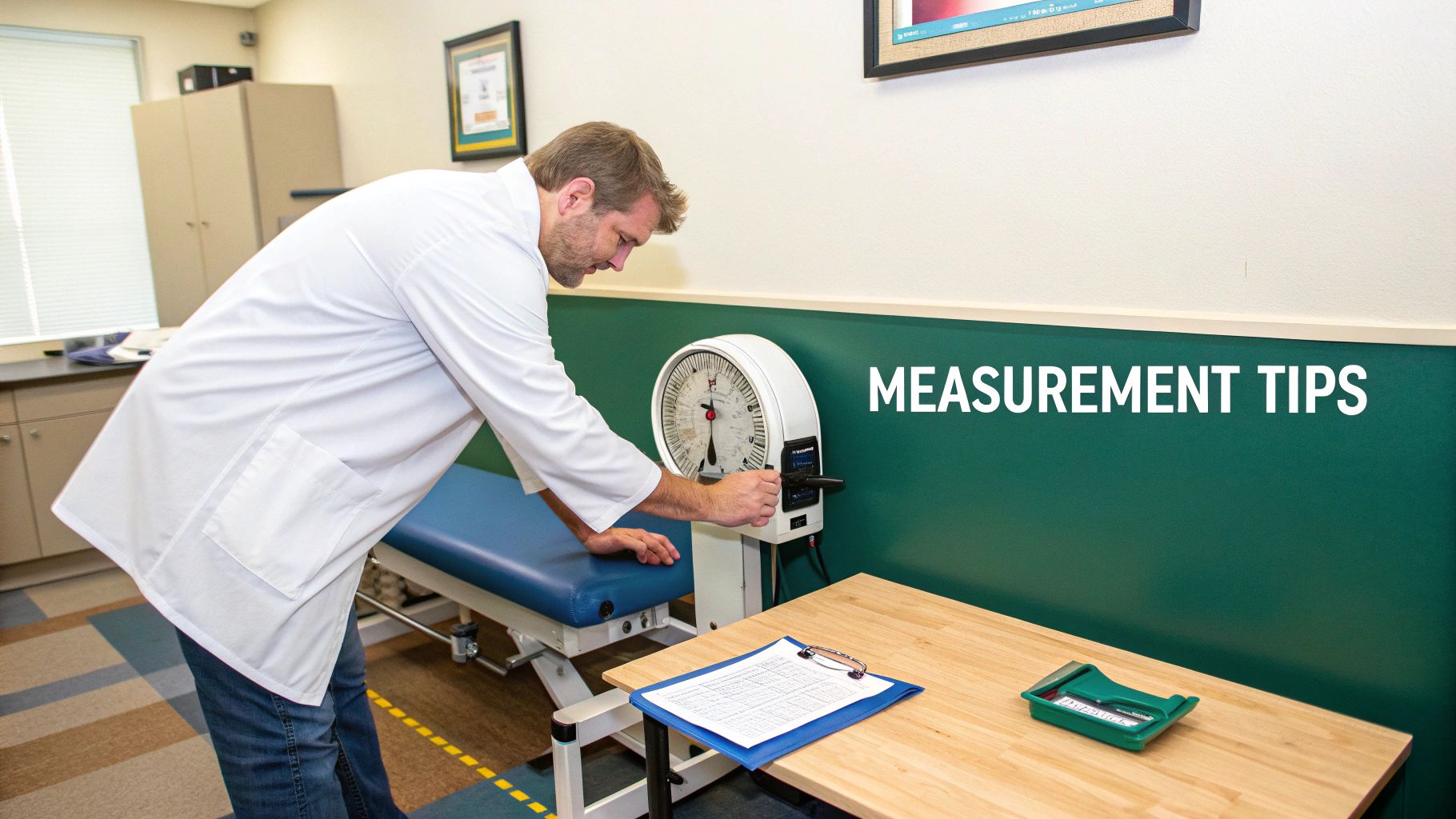 A man in a lab coat adjusts a peak force measurement device in a clinic setting.
