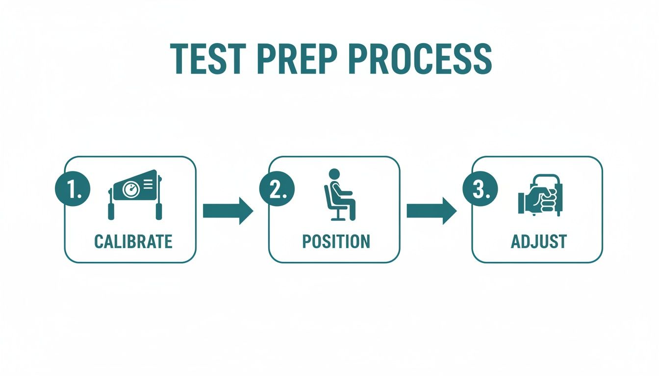 Three-step test preparation process: calibrate equipment, position person, and adjust settings for accurate measurement.