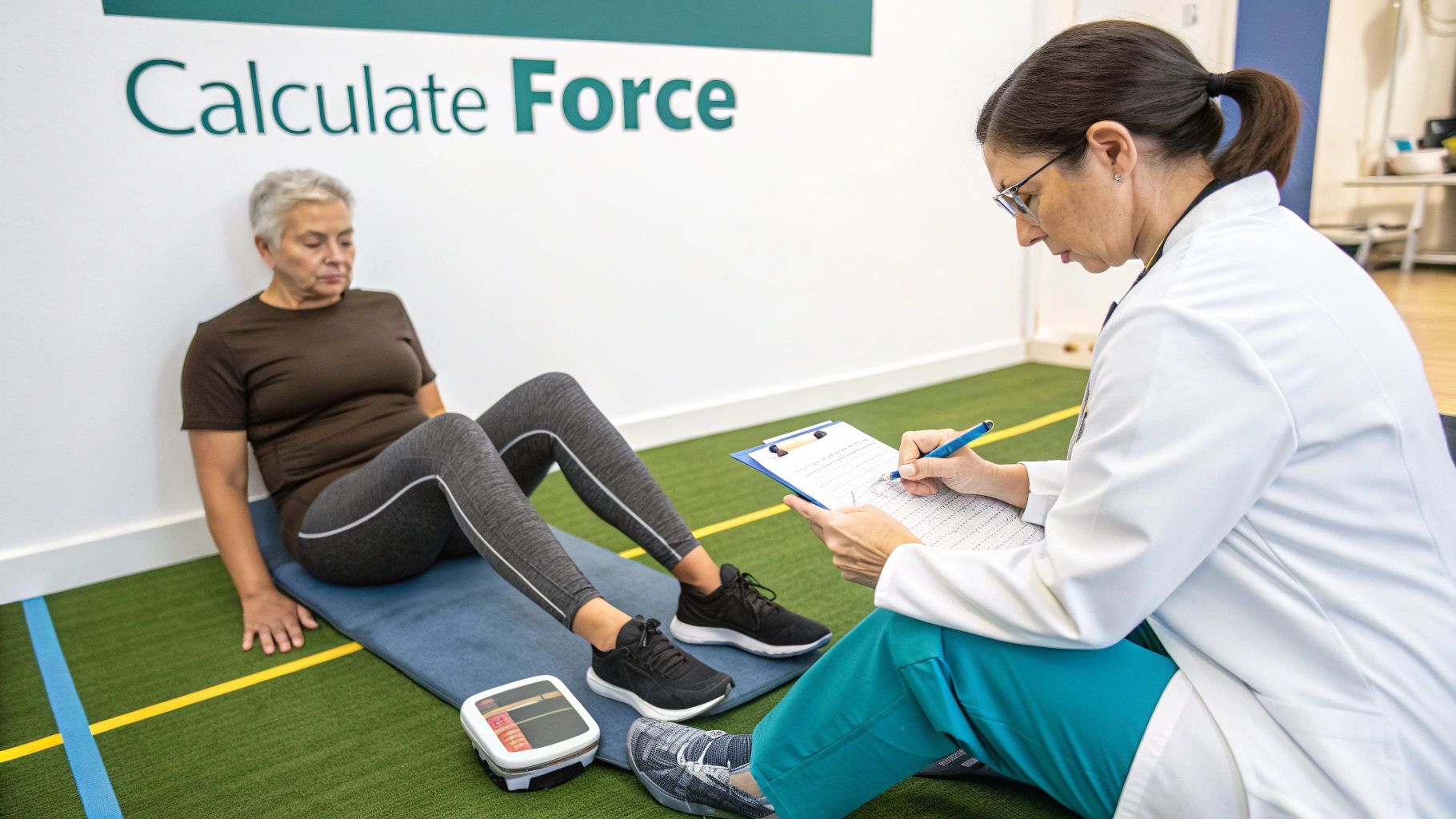 A physical therapist performing a leg extension exercise with a patient, demonstrating the principles of force calculation in a clinical setting.