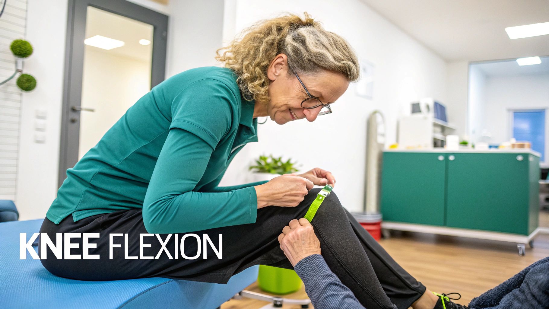 A physiotherapist carefully aligns a goniometer on a patient's knee to measure flexion