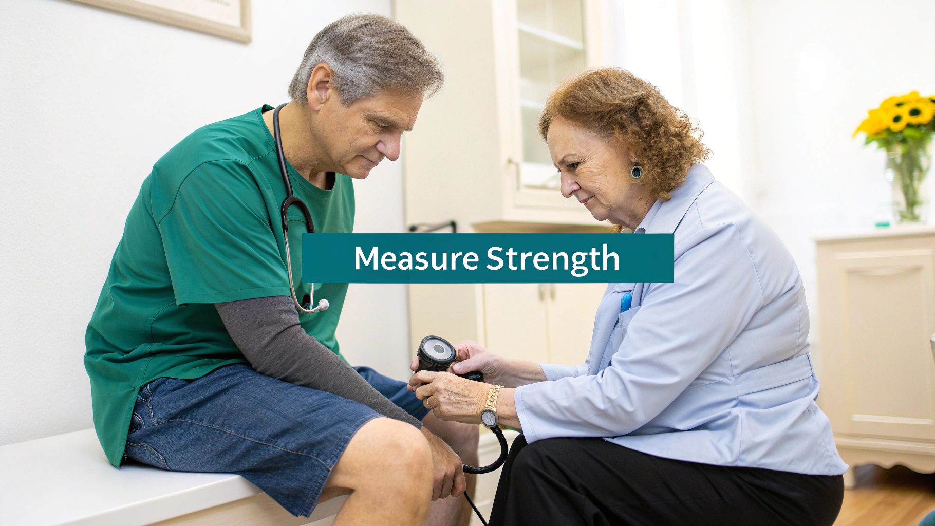 An older doctor measures the strength of a male patient using a medical device.