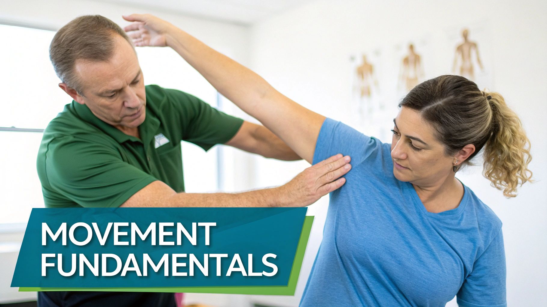 A male physical therapist assists a female patient with a range of motion exercise for her shoulder.