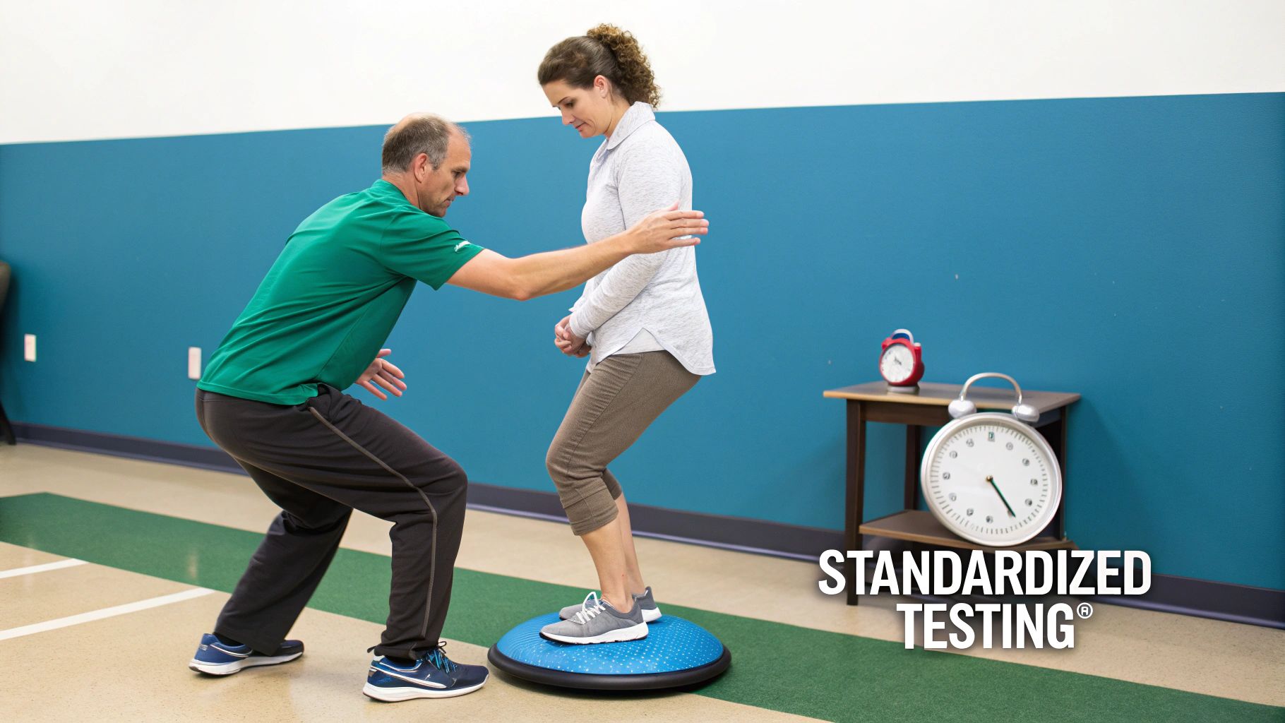 A physical therapist assists a woman balancing on a blue Bosu ball during standardized testing.