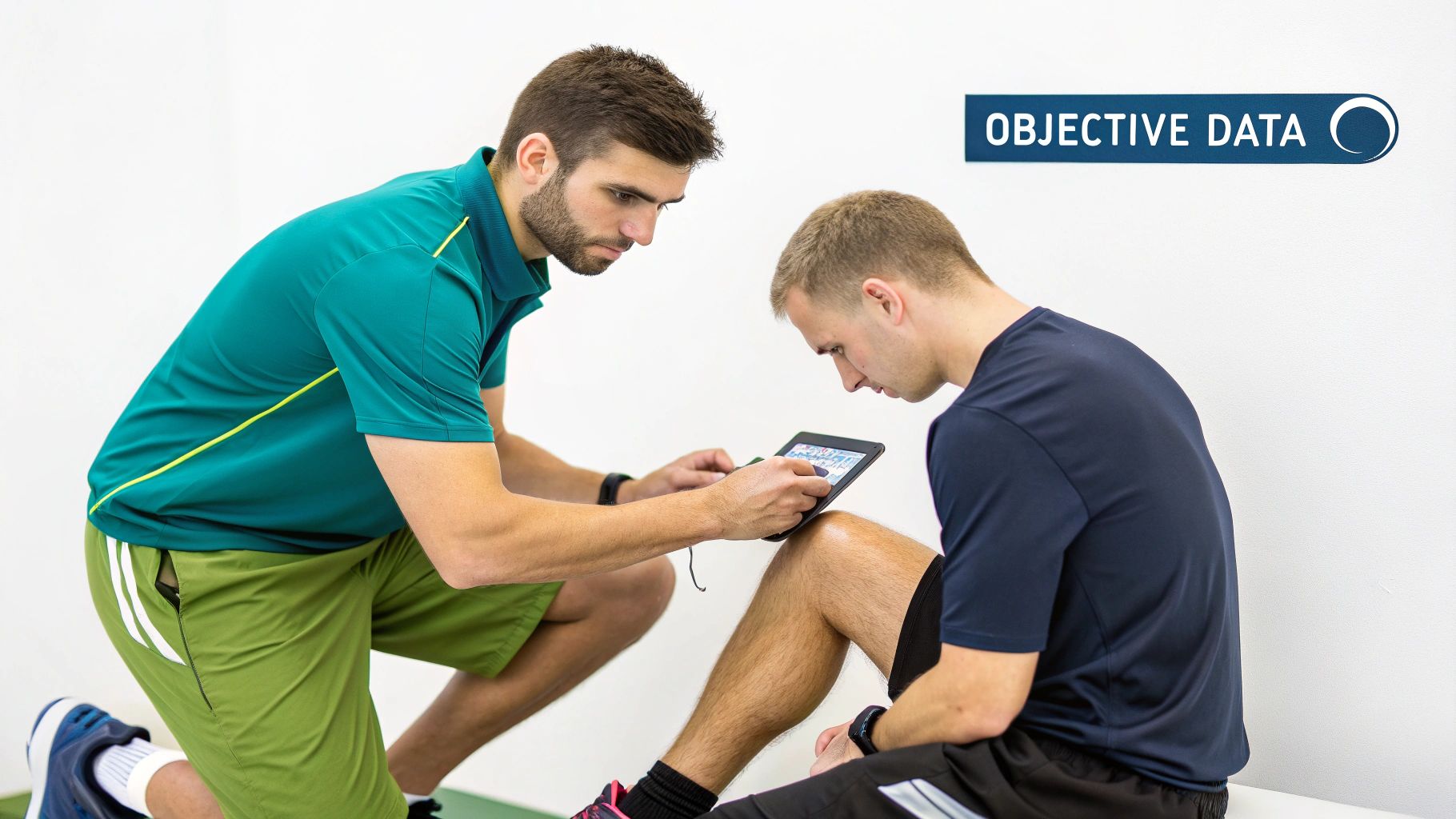 Two men analyze objective data on a tablet, likely related to force measurement in a clinical setting.