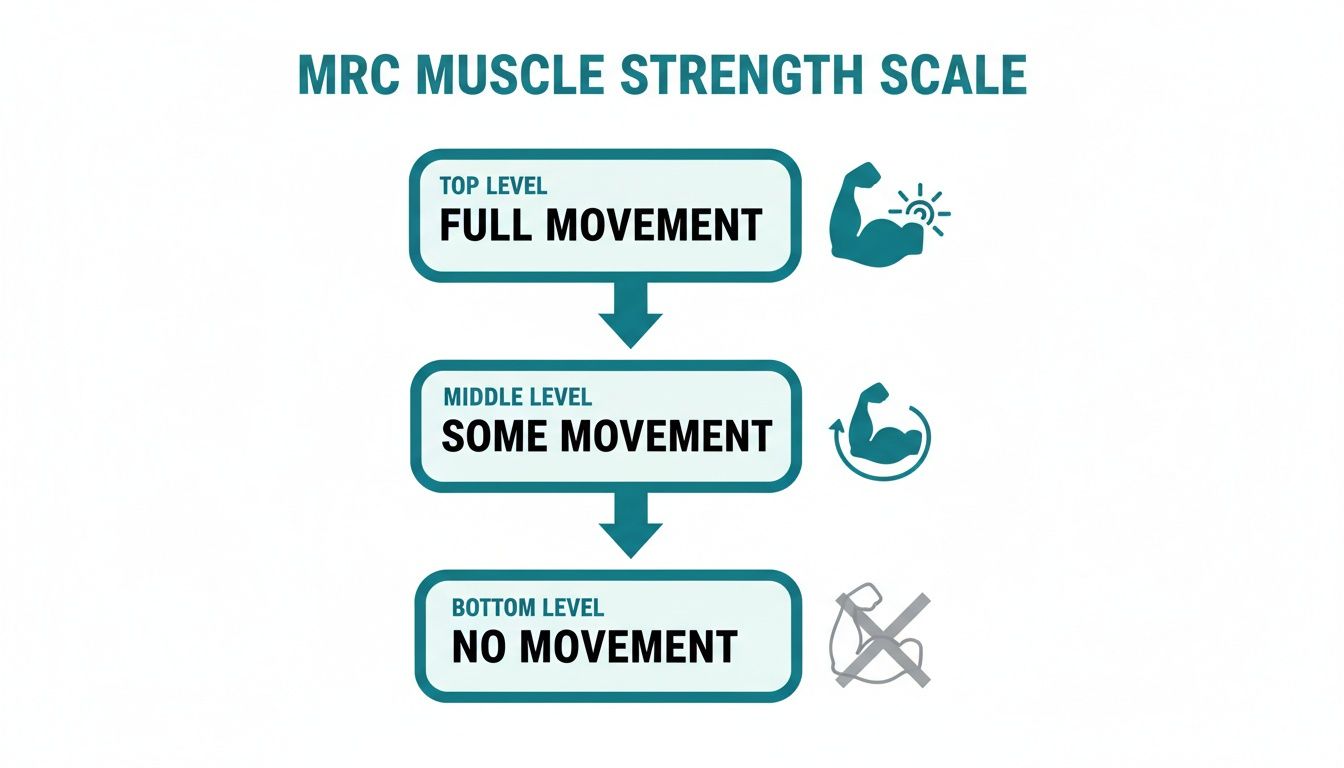 An illustrative diagram of the MRC Muscle Strength Scale depicting full, some, and no movement.