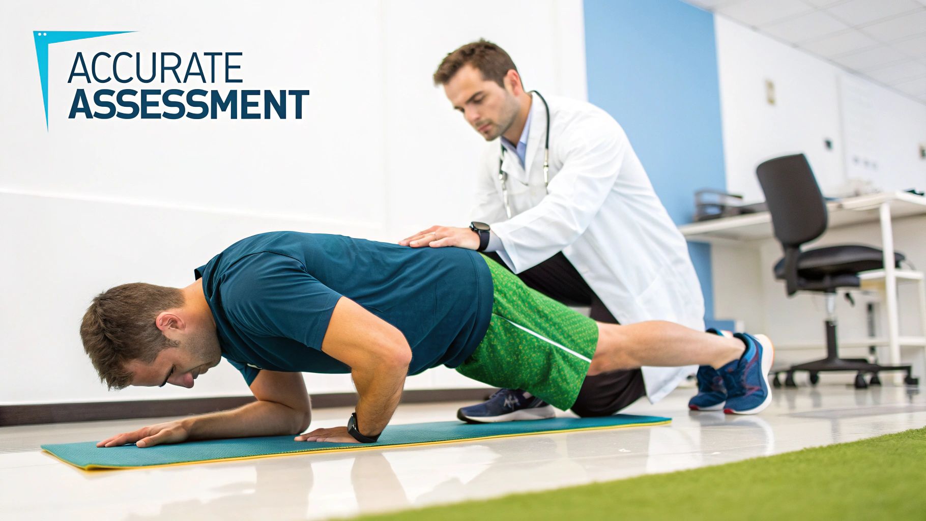 A physical therapist performing a core muscle strength test on a patient lying on a therapy table.