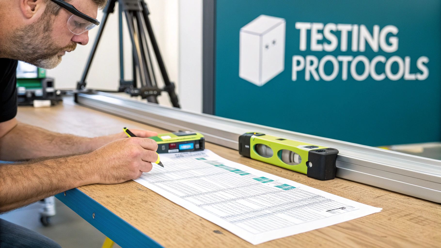 Man in safety glasses records data from two spirit levels on a workbench with a 'TESTING PROTOCOLS' sign.
