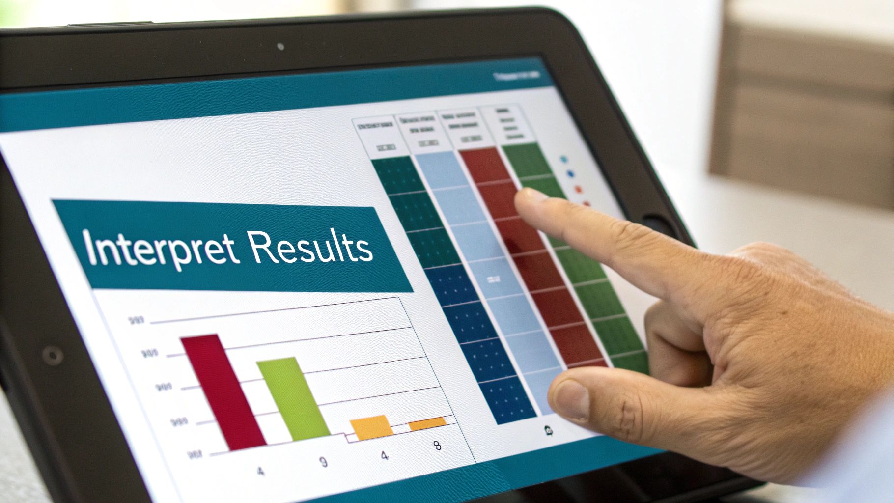 A hand interacts with a tablet displaying a 'Interpret Results' slide with charts and data.