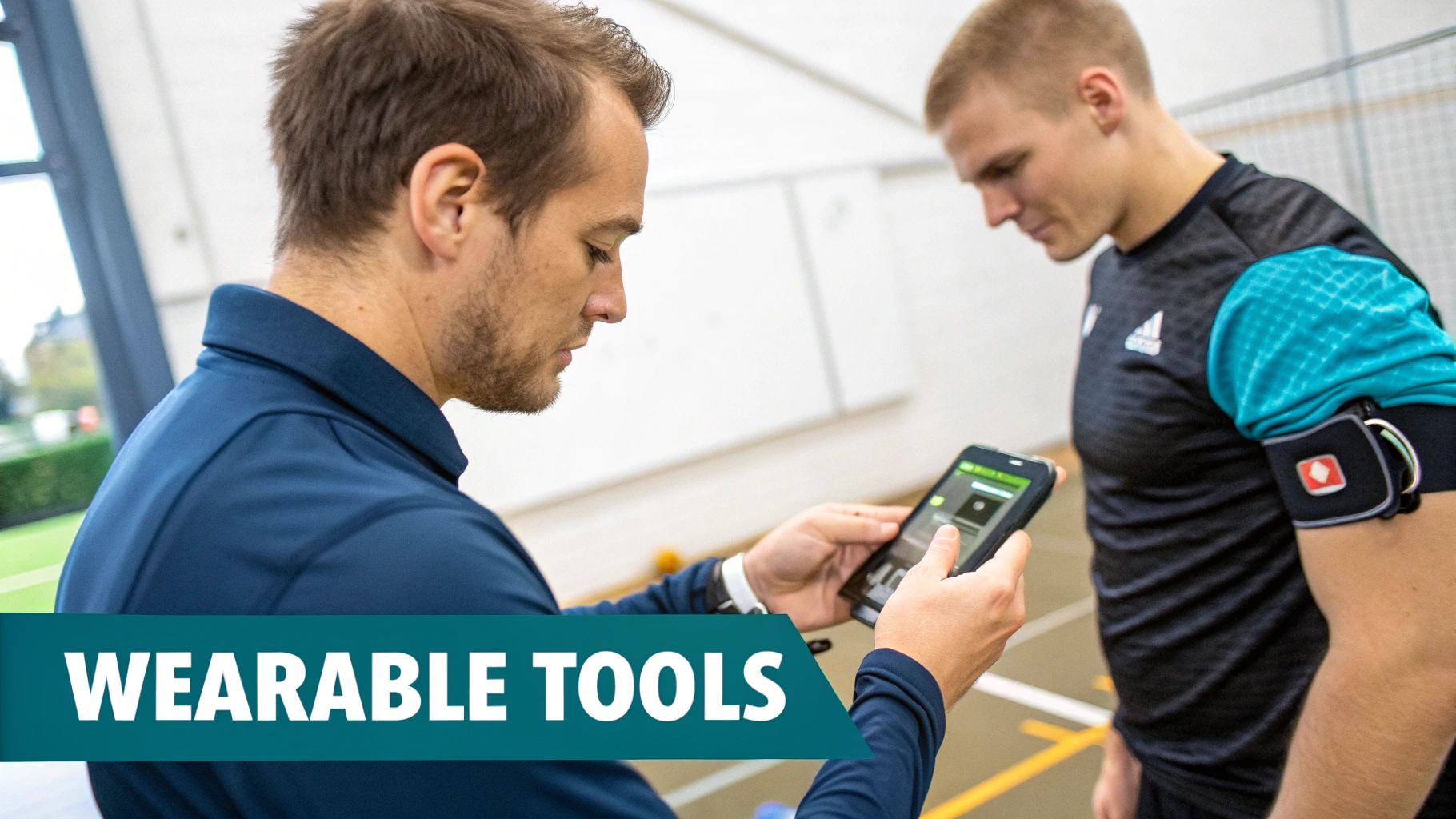 A coach reviews data on a smartphone while an athlete wears a wearable sensor on his arm.