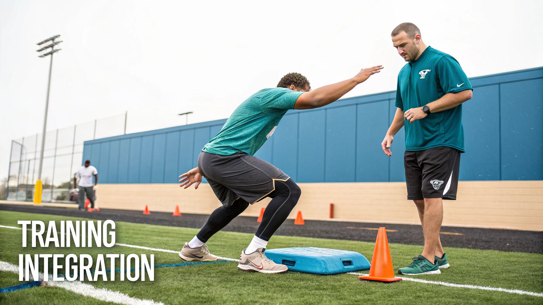 An athlete performs a dynamic step exercise on a turf field, observed by a coach.