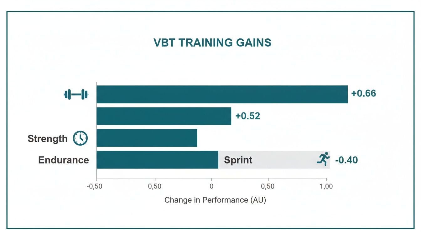 Bar chart illustrating VBT training gains in strength and endurance, showing positive and negative changes.