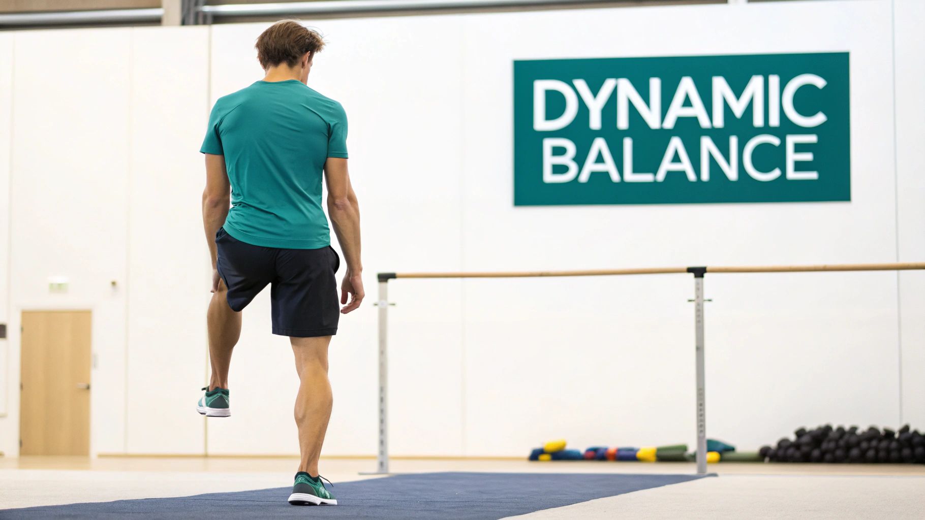 Athlete performing a single-leg balance exercise on a mat in a gym with a "DYNAMIC BALANCE" sign.