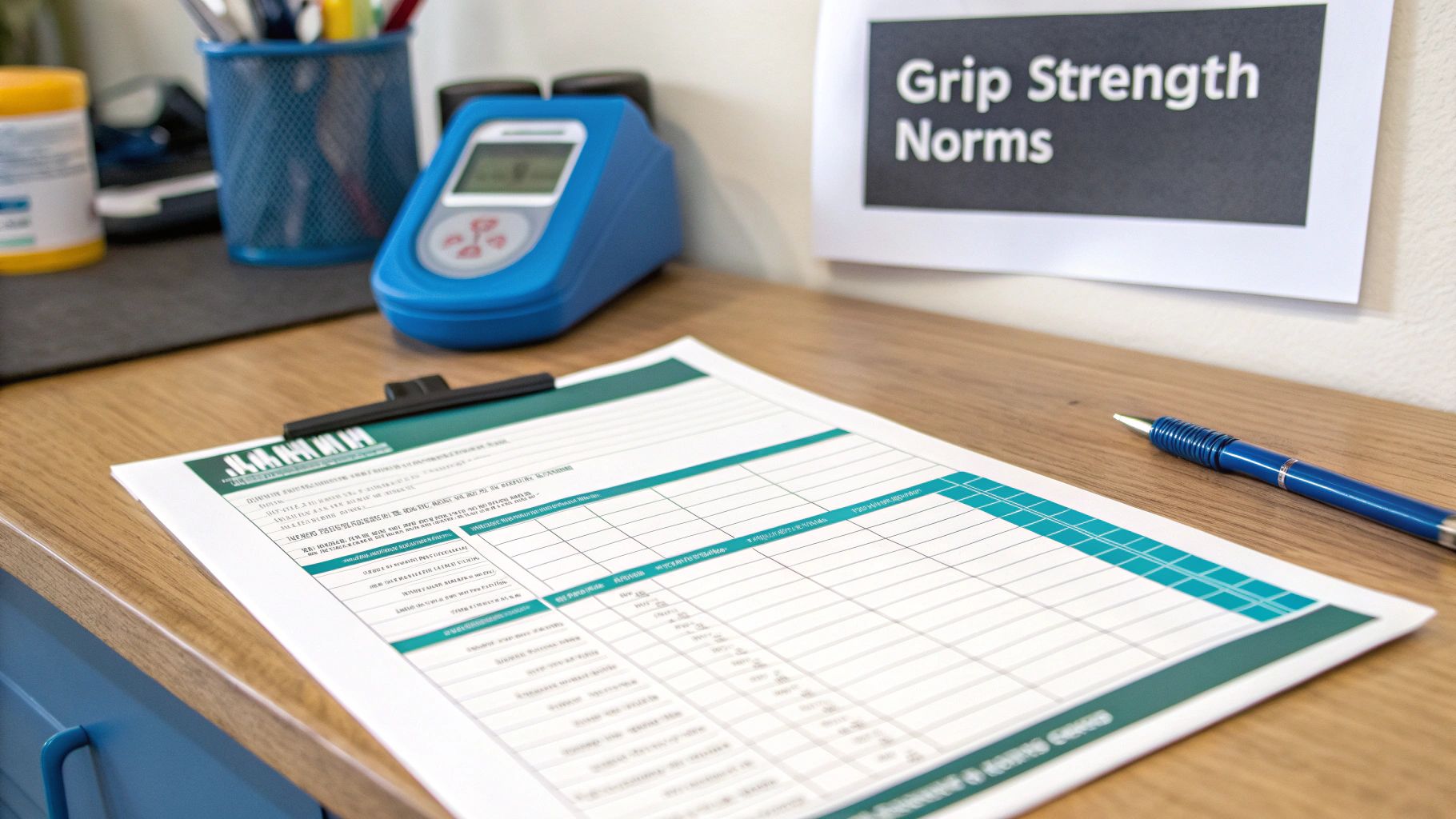 A wooden desk with a blue dynamometer, a clipboard, a pen, and a 'Grip Strength Norms' sign.