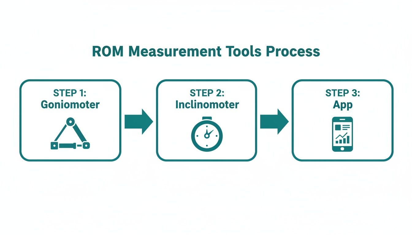 A flowchart illustrating the ROM measurement process using a goniometer, inclinometer, and a mobile app.