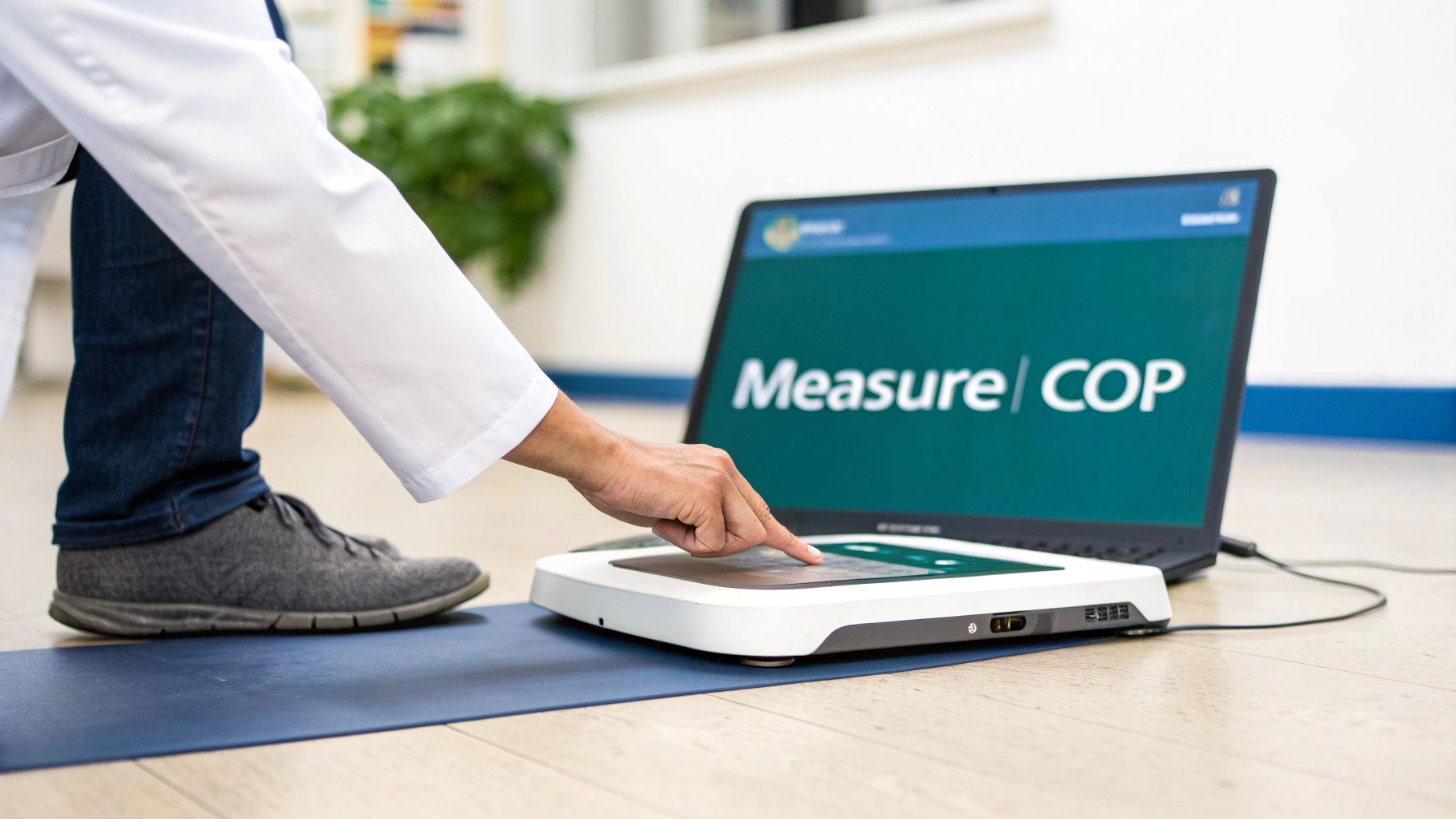 A person's hand on a medical device, with a laptop displaying 'Measure | COP' in a healthcare setting.