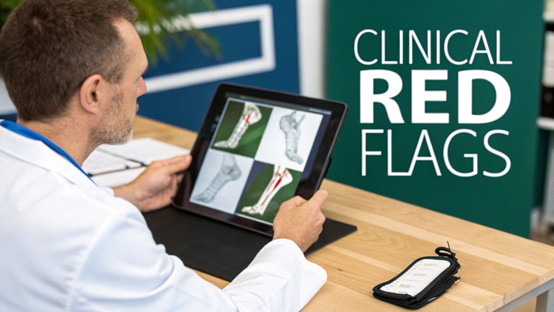 A doctor in a white coat views medical images of leg and ankle anatomy on a tablet.