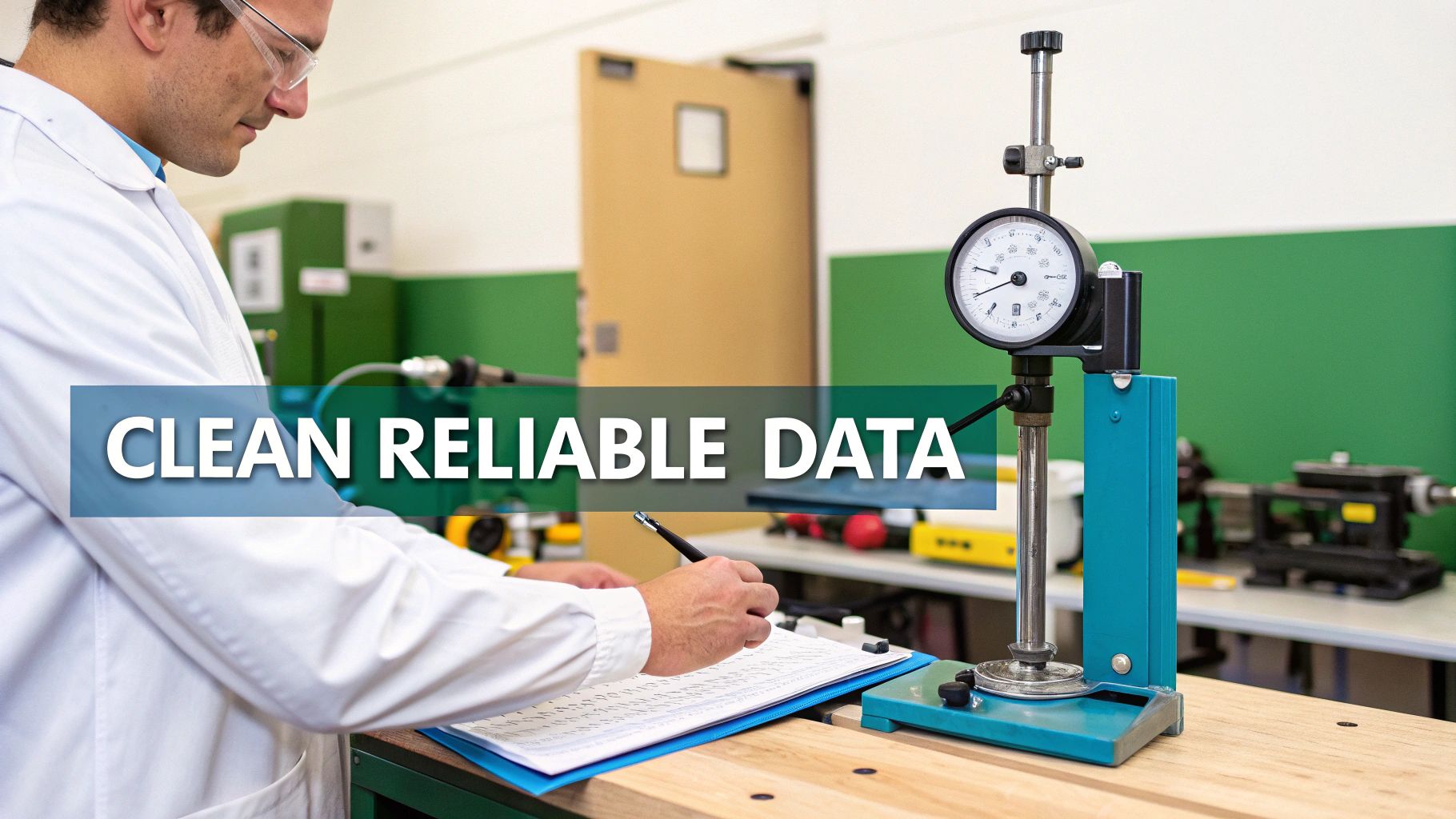 Scientist in a lab coat recording data next to a measurement device, emphasizing clean reliable data.