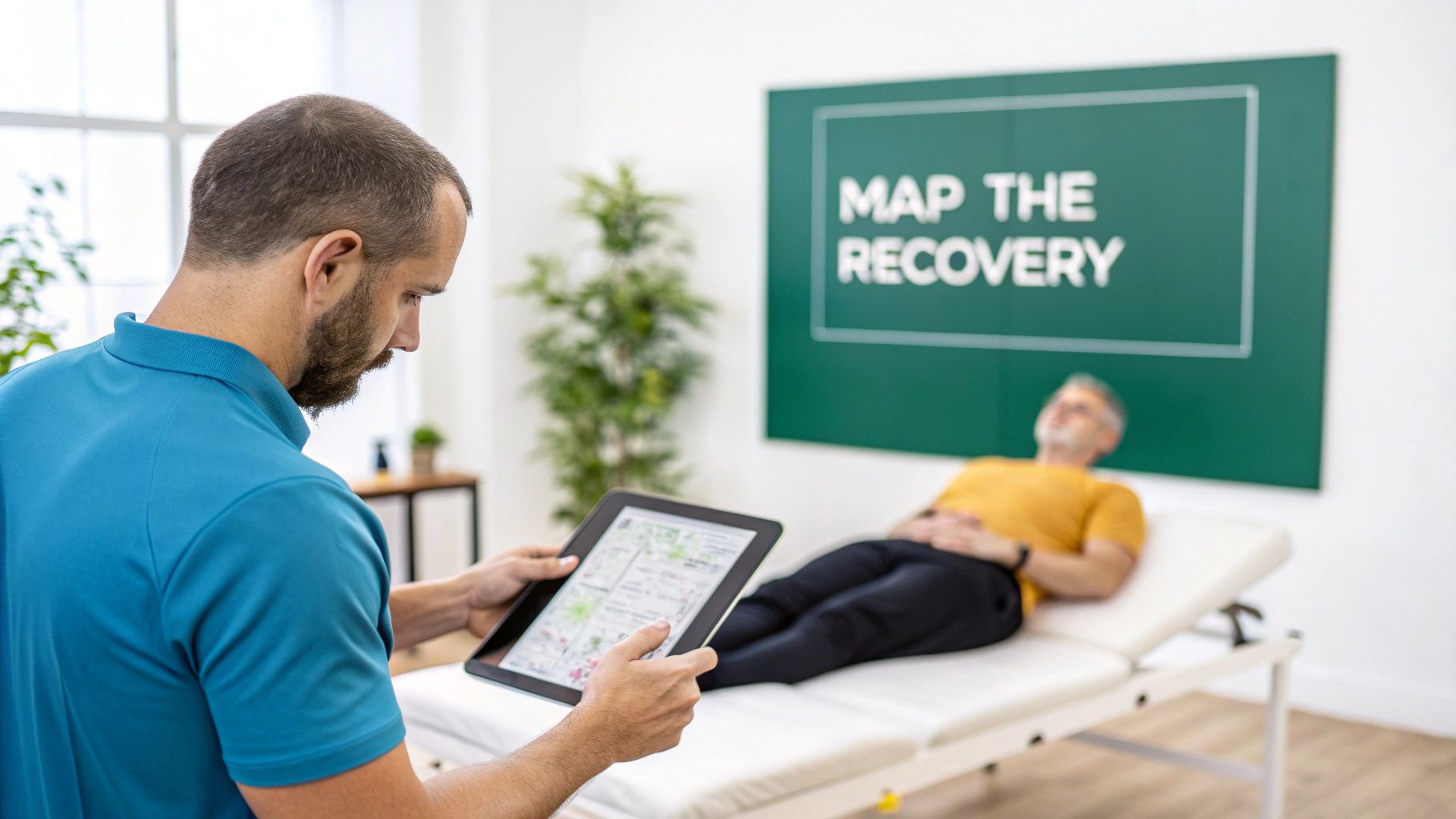 A male therapist uses a tablet to review a recovery plan for a patient.