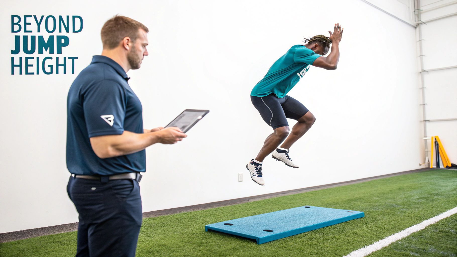 Athletic man performing vertical jump test while trainer monitors performance with tablet on force plate