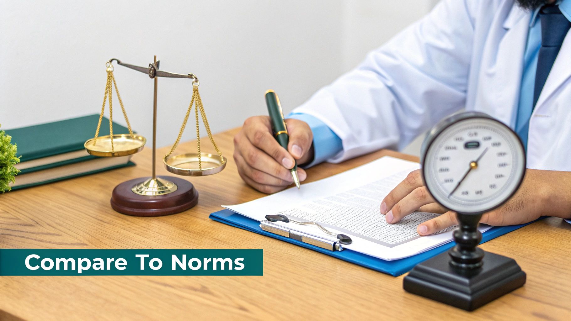 A doctor writes on a document, surrounded by a scale of justice and a medical gauge, implying data comparison.