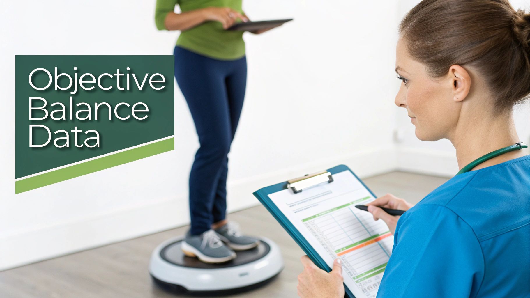 A physical therapist records data while a patient stands on an objective balance assessment device.