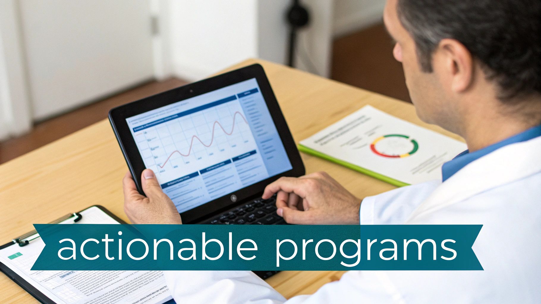 A physical therapist discussing a training plan with an athlete, with charts and data visible on a tablet.