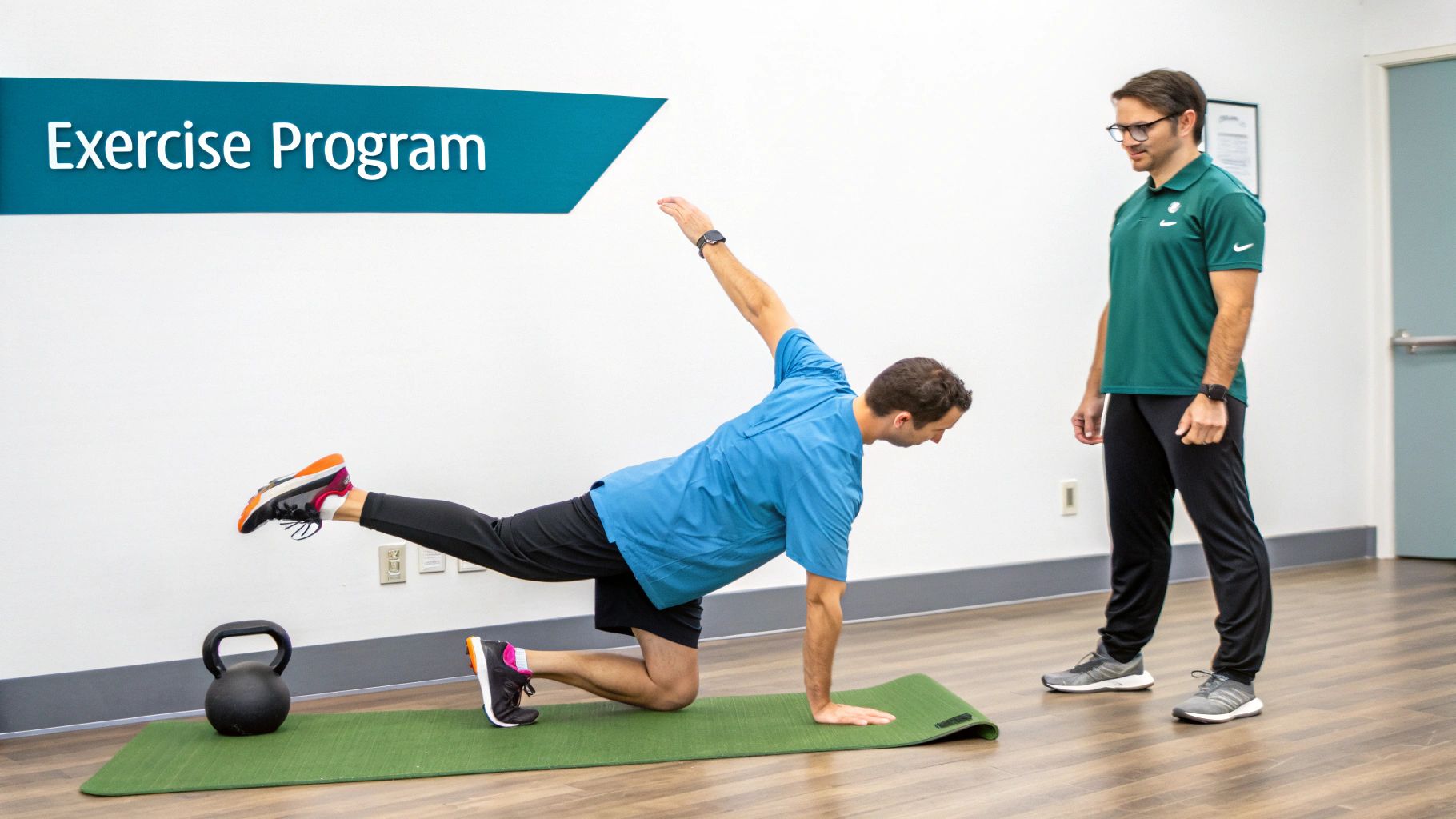 Two men in a physical therapy setting, one performing a balance exercise with an instructor observing.