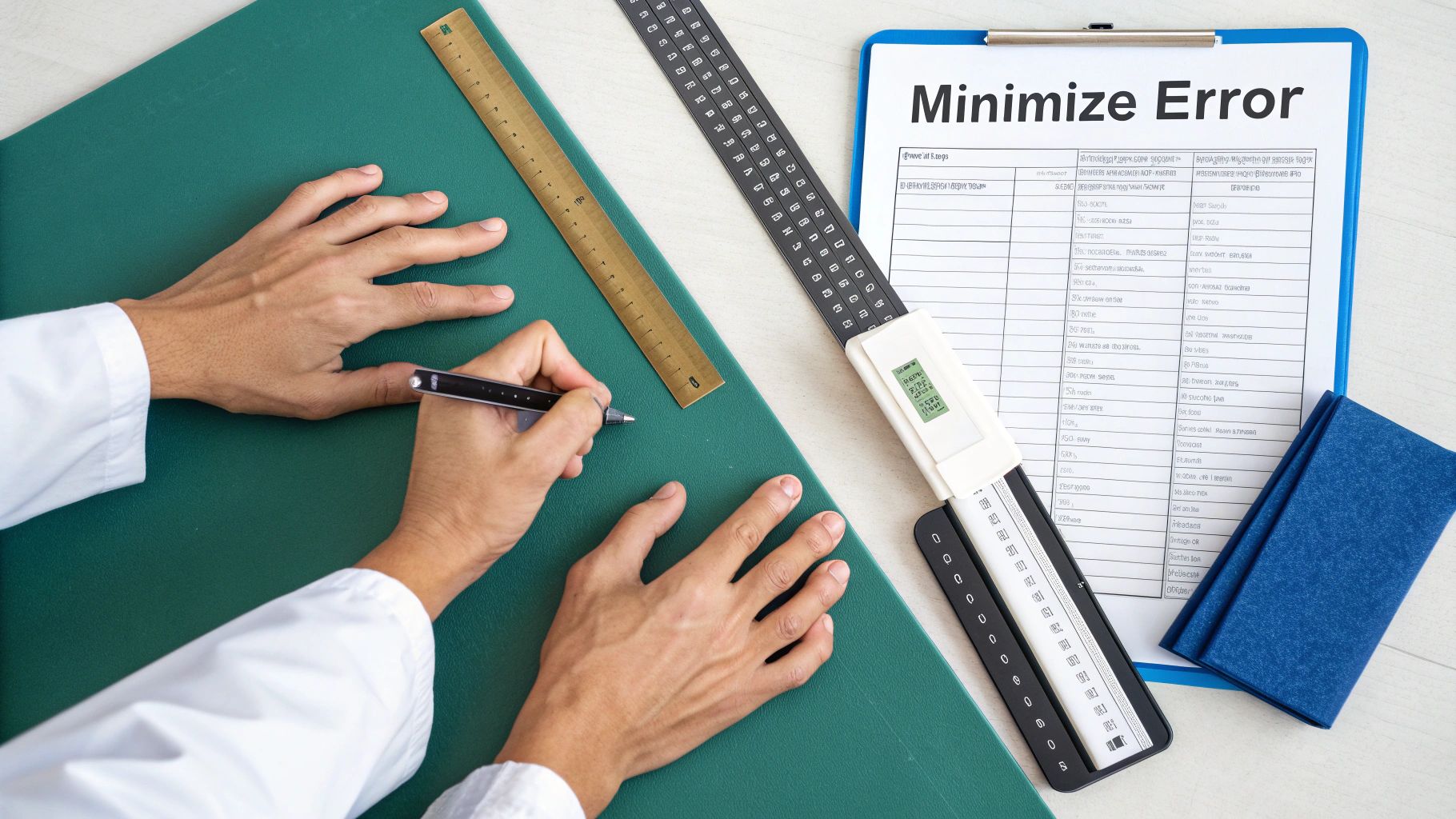A person in a lab coat uses a pen and ruler on a green mat, with a digital goniometer and clipboard nearby.