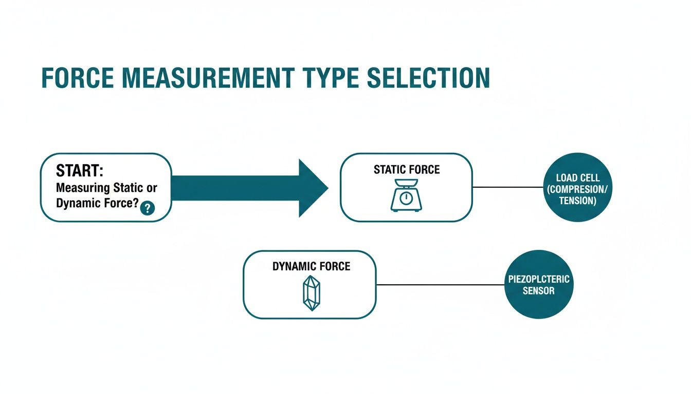 Flowchart guiding the selection of force measurement instruments for static or dynamic forces.