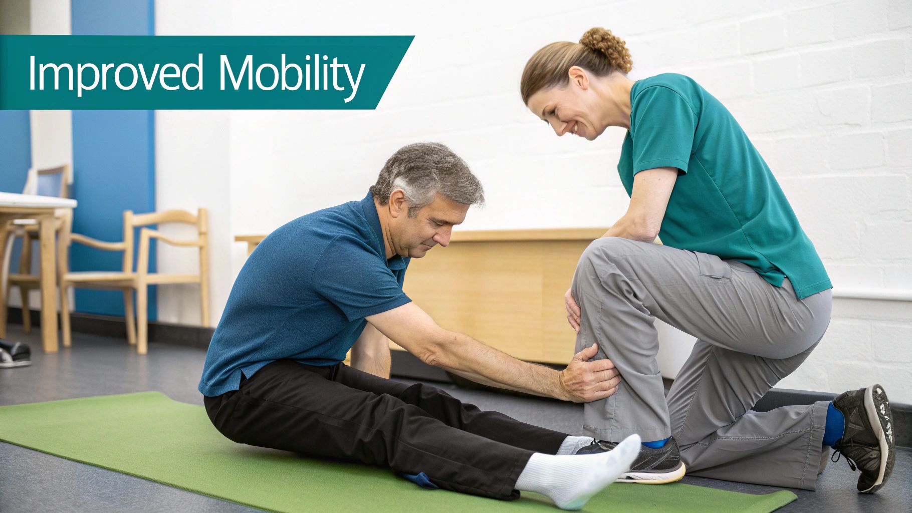 A smiling female physical therapist assists a male patient with leg stretches on a green mat.
