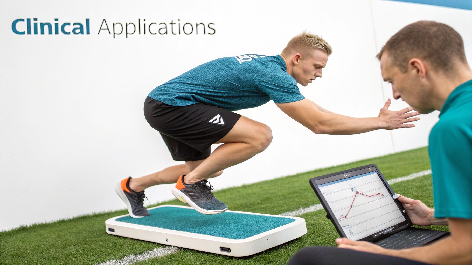 A man performing a sprint start on a portable force plate while another clinician monitors data on a tablet.