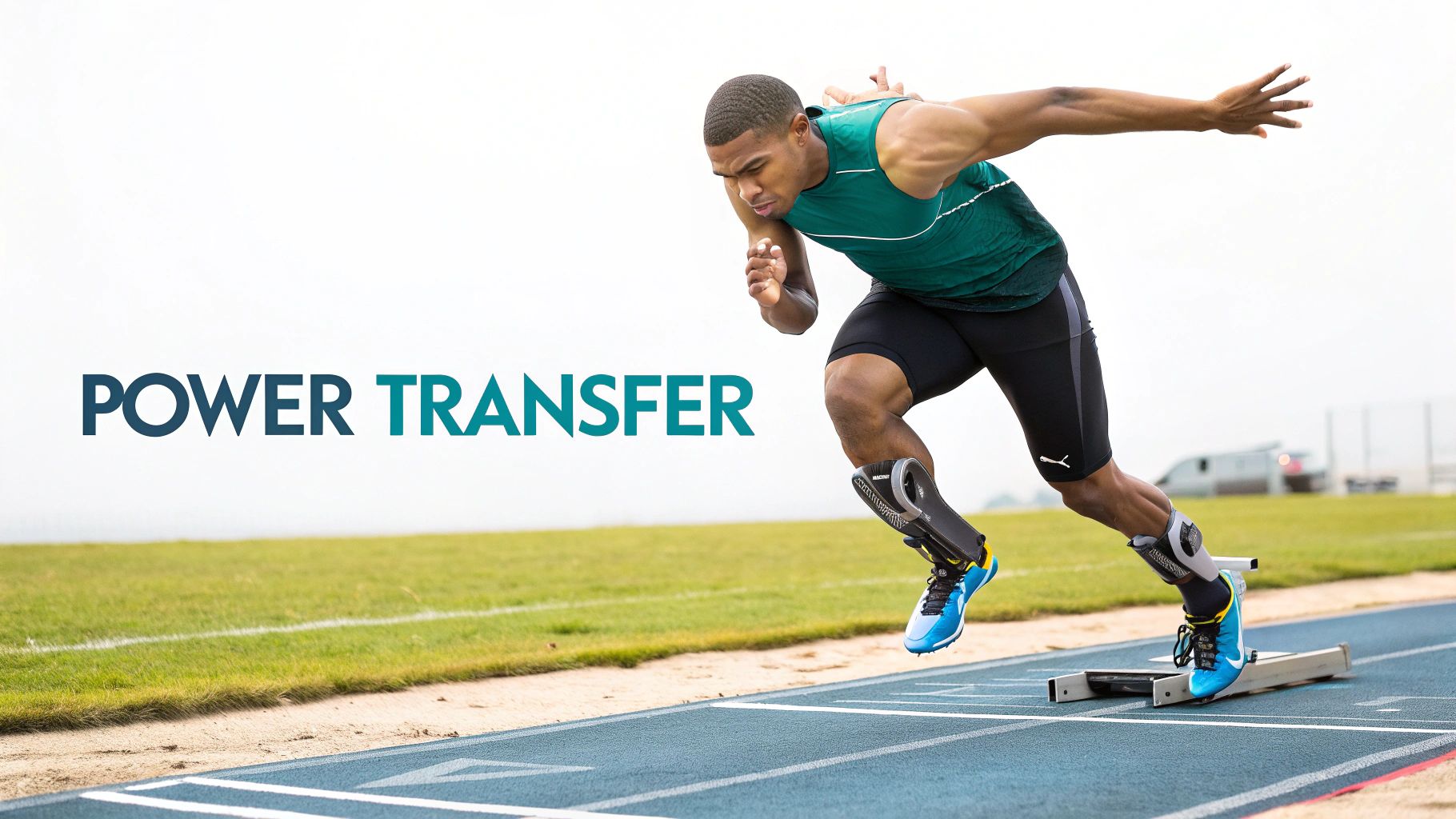A determined male sprinter with a prosthetic leg pushes off a starting block on a blue track.