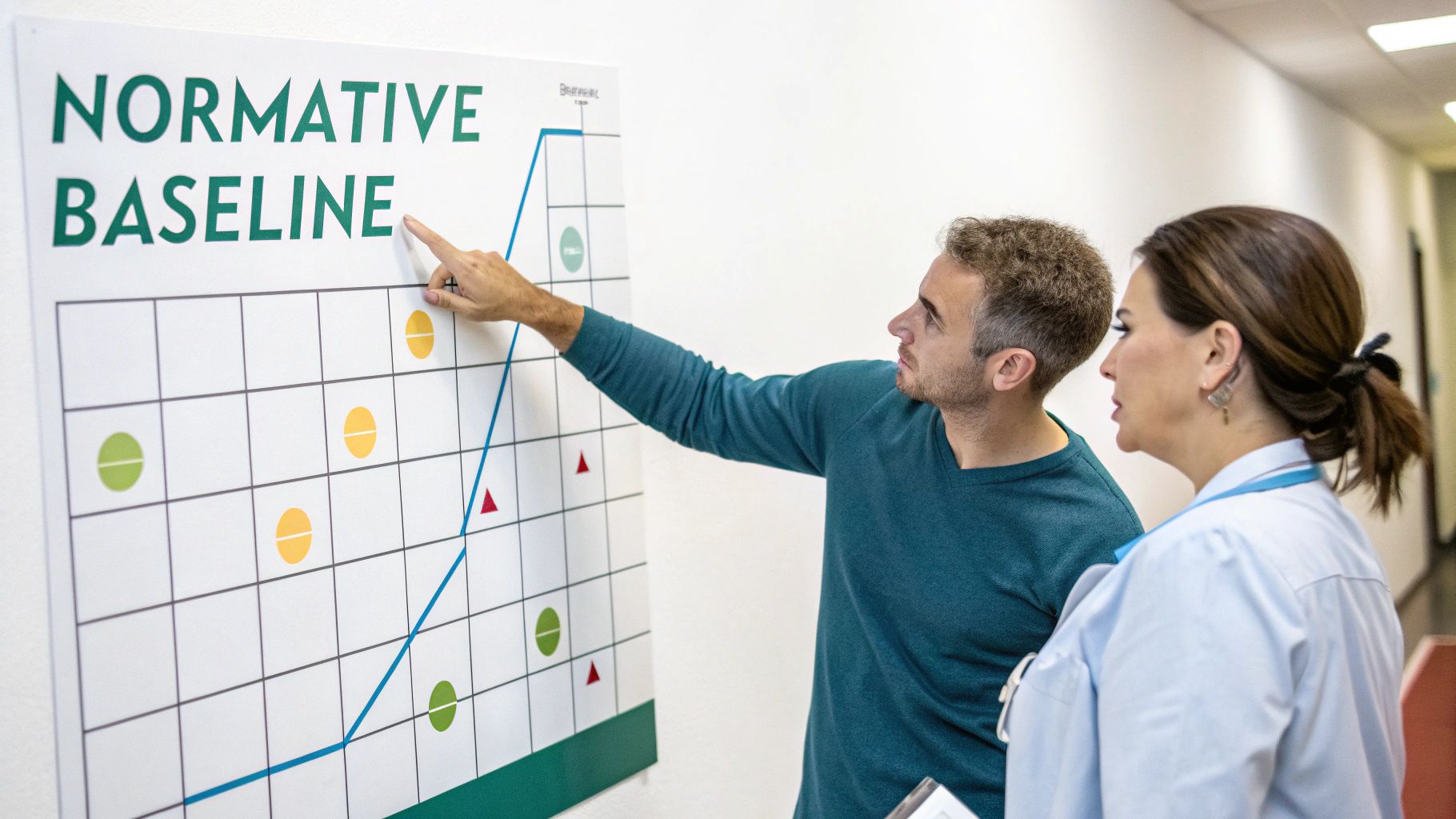 A man and a woman in a healthcare setting reviewing a 'Normative Baseline' chart, with the man pointing.