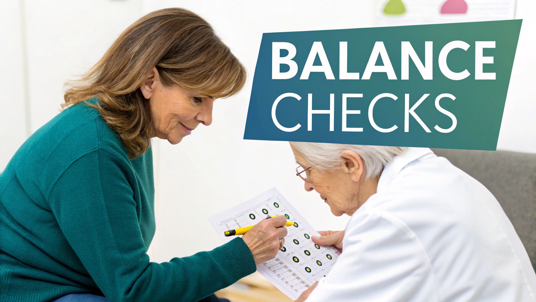 A physical therapist assisting an elderly woman with a balance exercise on one leg in a well-lit clinic.