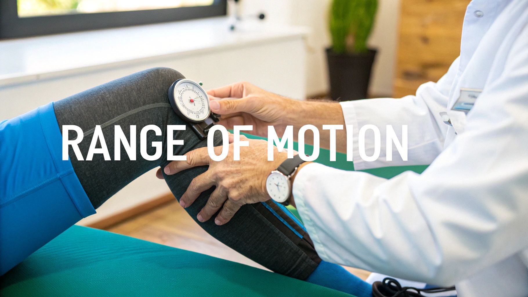 A healthcare professional uses a goniometer to measure the range of motion of a patient's knee.