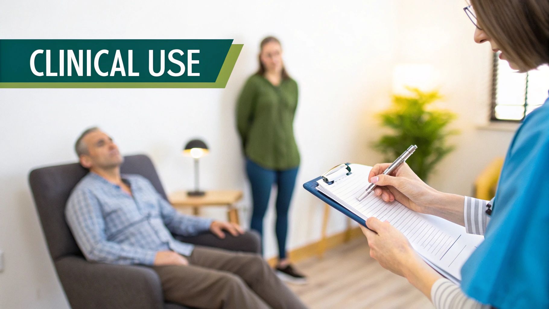A physical therapist guides an older adult through an exercise in a clinic setting.