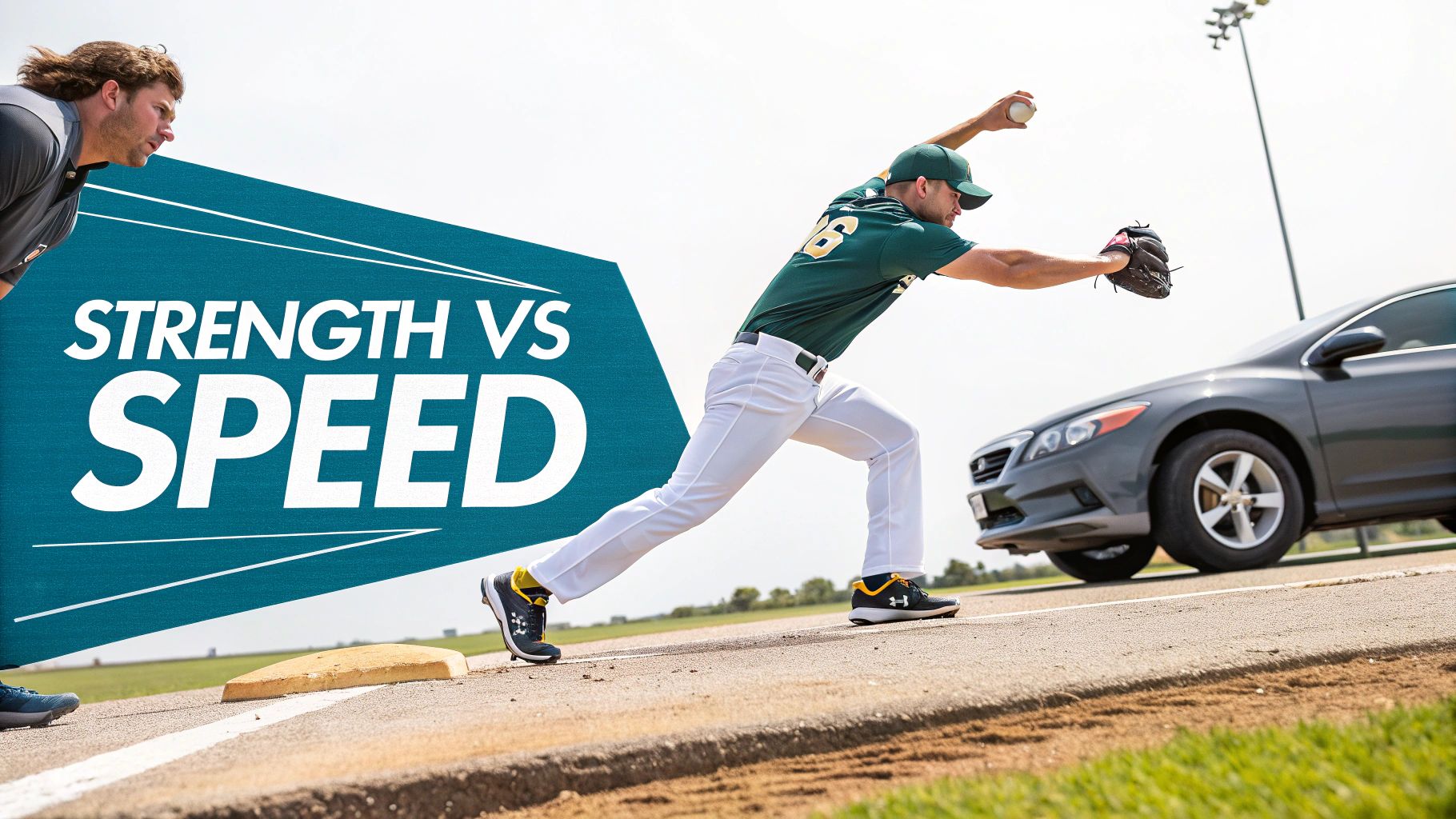 Two baseball players on a field with a prominent 'Strength vs Speed' graphic.